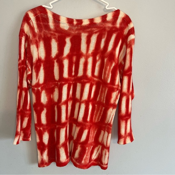 Chico's Womens Linen Rayon Crew Neck 3/4 Sleeve Sweater Sz L Red White Tie Dye - Picture 6 of 6